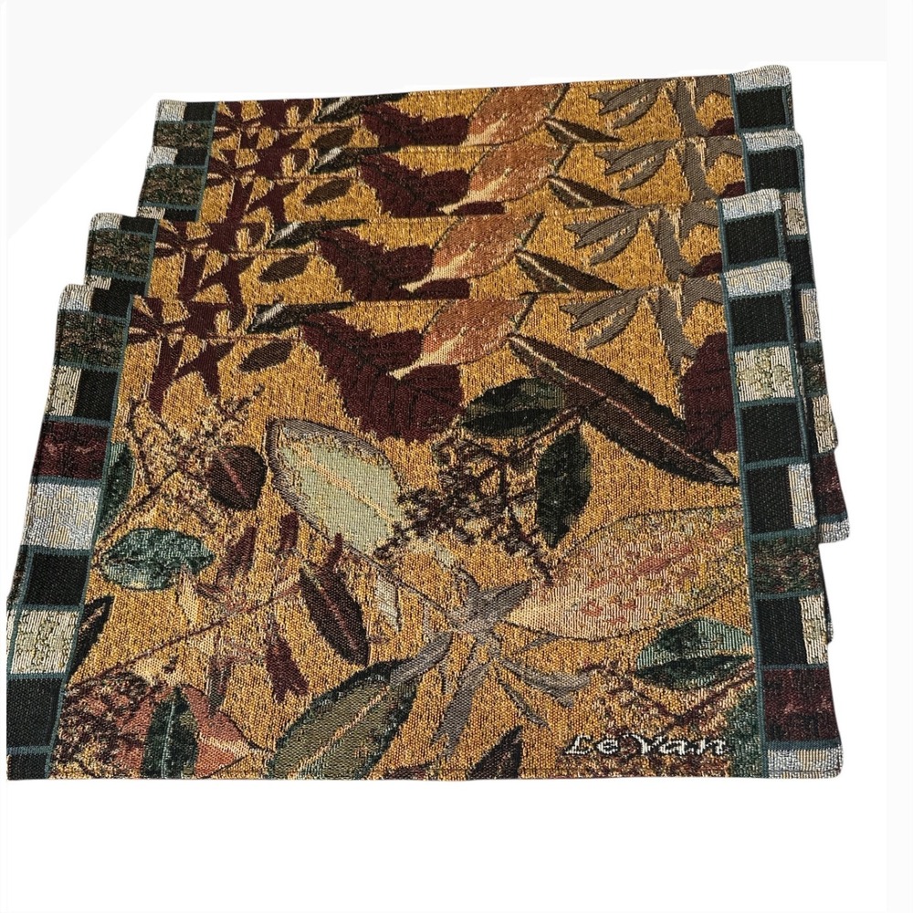 VTG Le Van Woven Tapestry Placemats Set of 4 Autumn Leaf Botanical Signed